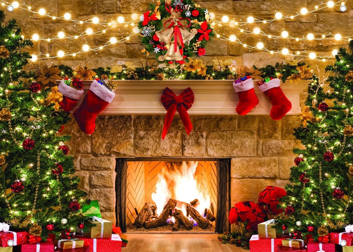 Christmas Backdrop Fireplace Photo Background Tree Theme Party 12804 82×59 In