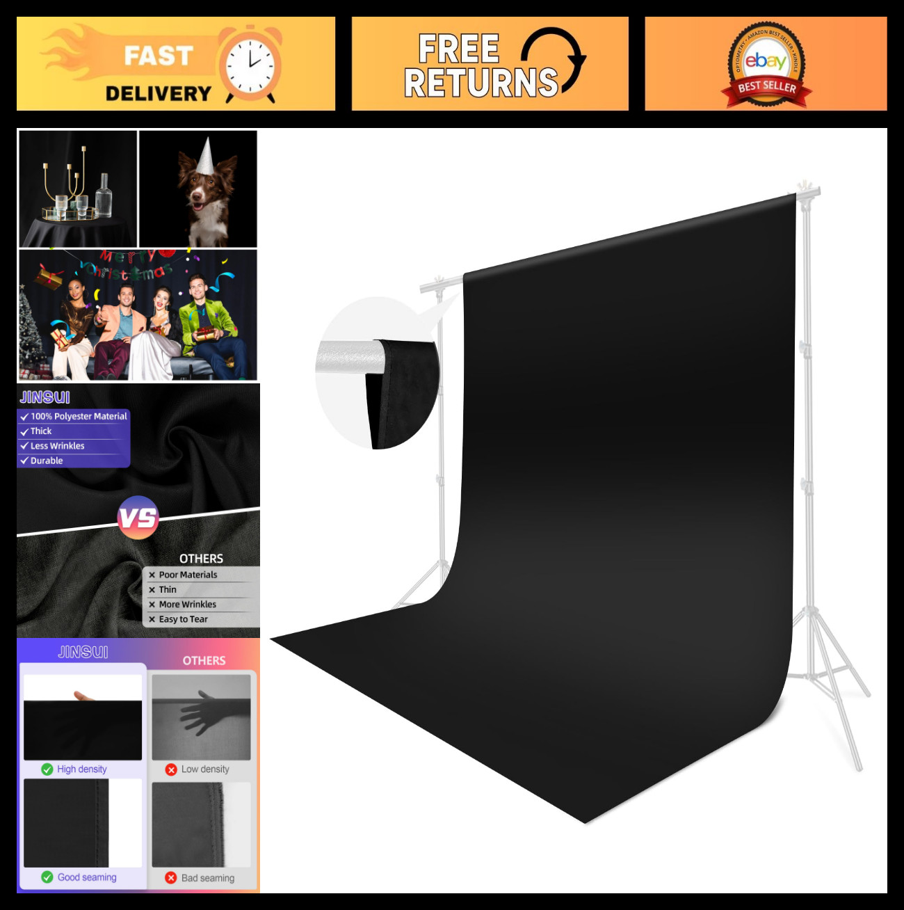 10x10ft Black Photo Backdrop Curtain – Thick Polyester Studio Background for Por