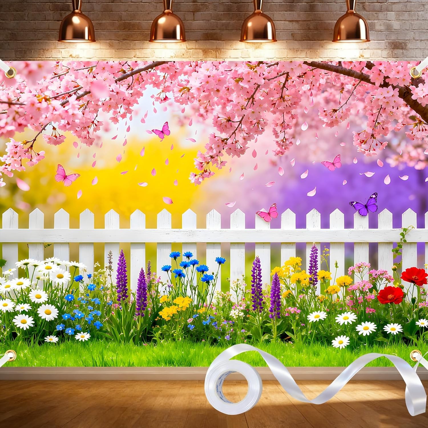 Spring Easter Backdrop 7X5Ft Pink Flowers Garden Backdrop Polyester Easter Backd