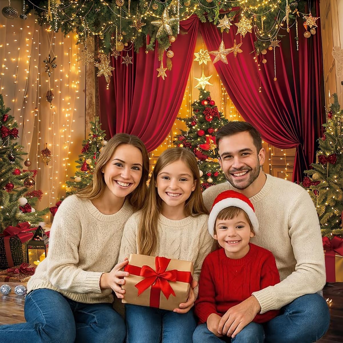 Lsseauto 10x8ft Christmas Backdrop – Light Strings, Gifts Piles, Candles and …
