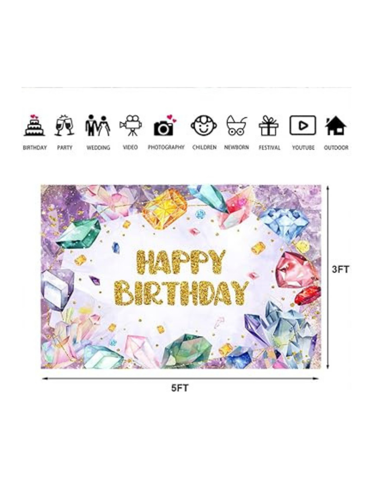 Lofaris 5x3ft Purple Diamond Crystal Happy Birthday Backdrop Gemstone Party gift