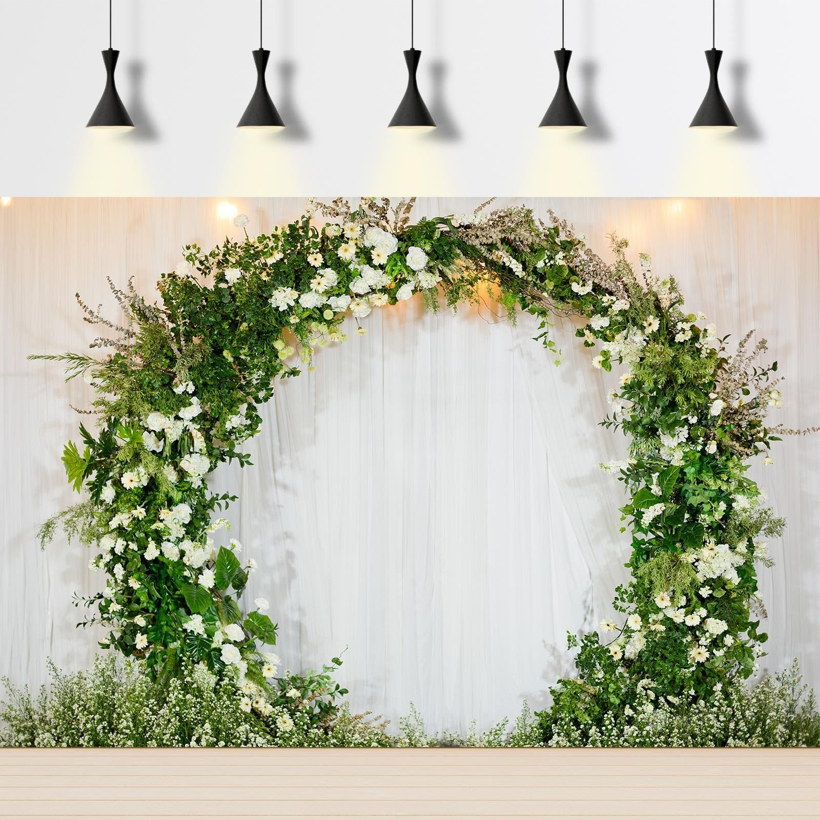 7x5ft Wedding Flower Backdrop White Fabric Round Arch Greenery Background
