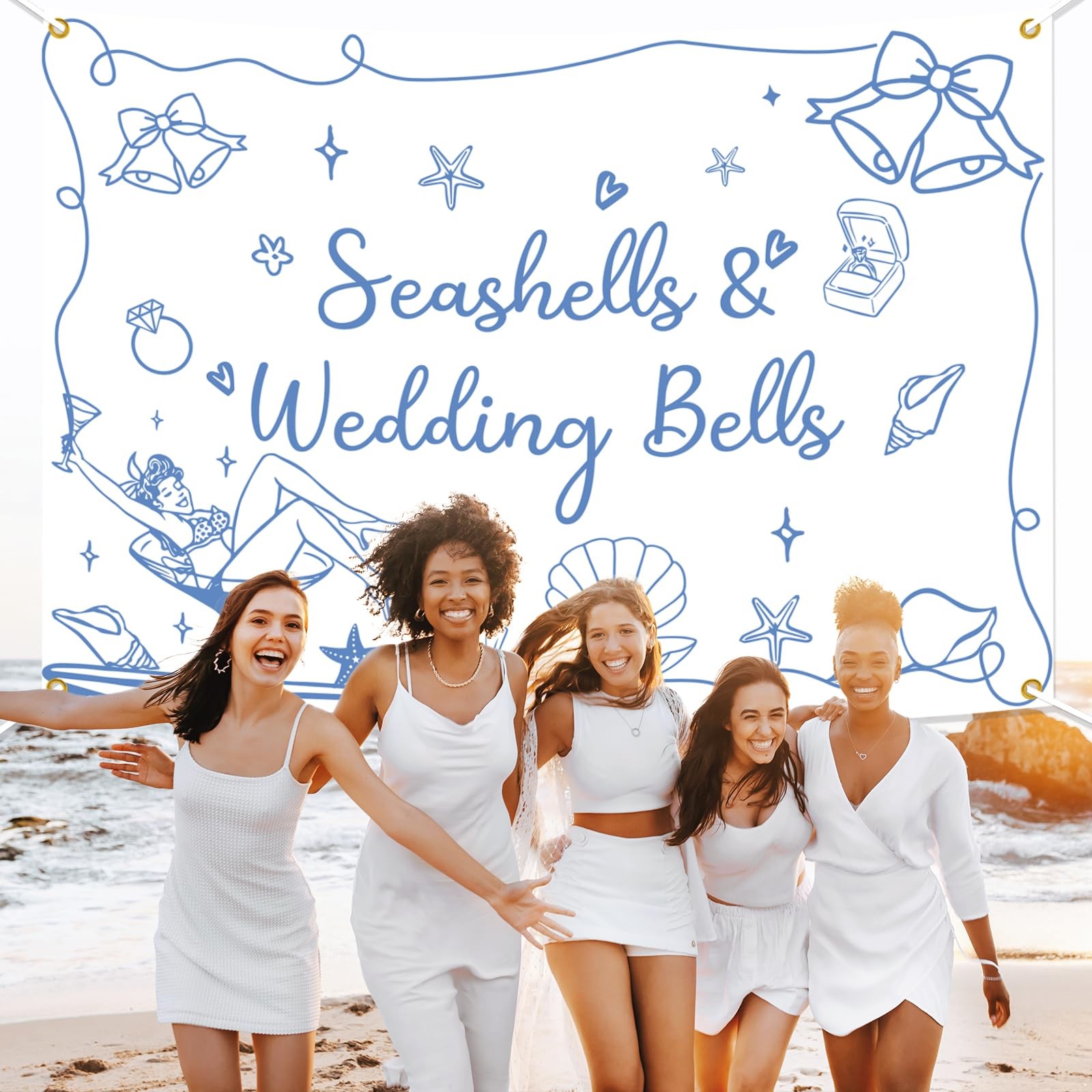 Seashells & Wedding Bells Backdrop Banner – Coastal Bachelorette Party Decora…