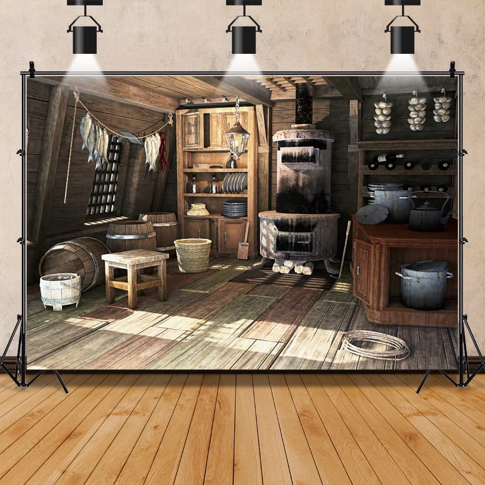 8x6ft Rustic Old Kitchen Backdrop Photography Background Cupboard Wood Floor