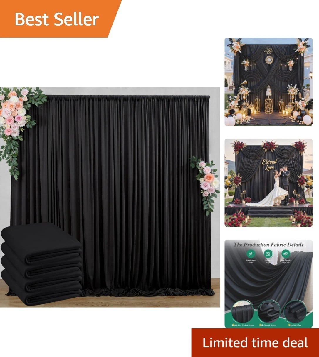 20 ft x 10 ft Black Wrinkle Free Backdrop Curtain for Parties