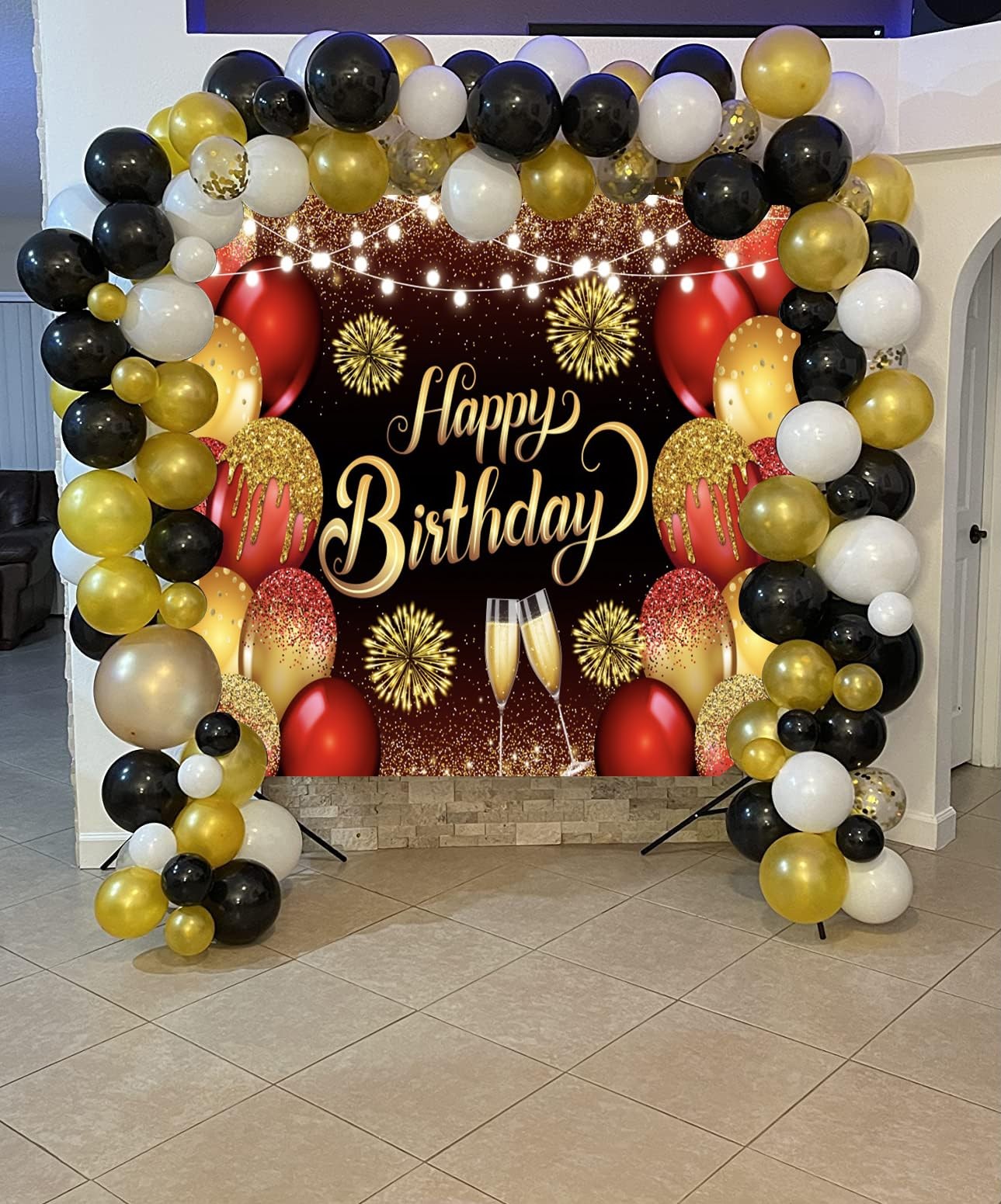 Red Gold Happy Birthday Backdrop 10x8ft Photography Background Women Party