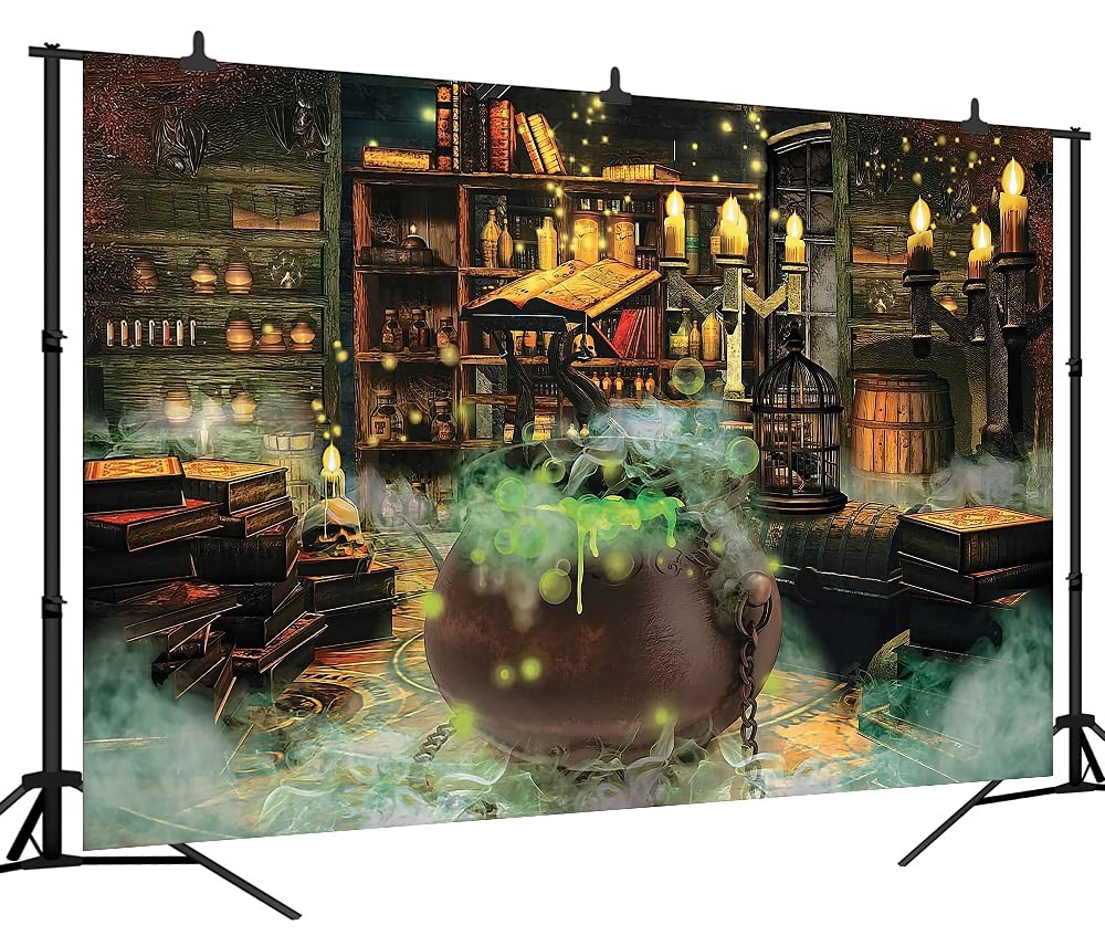 Halloween Photo Backdrop Witch Magic Cauldron Bookshelf Spooky Room Hoilday P…