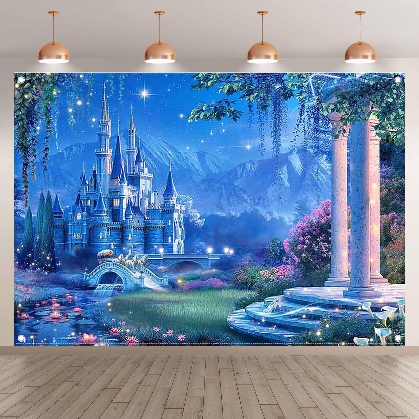 7x5ft Fairytale Castle Backdrop Blue Princess Shining Night Sky Photography
