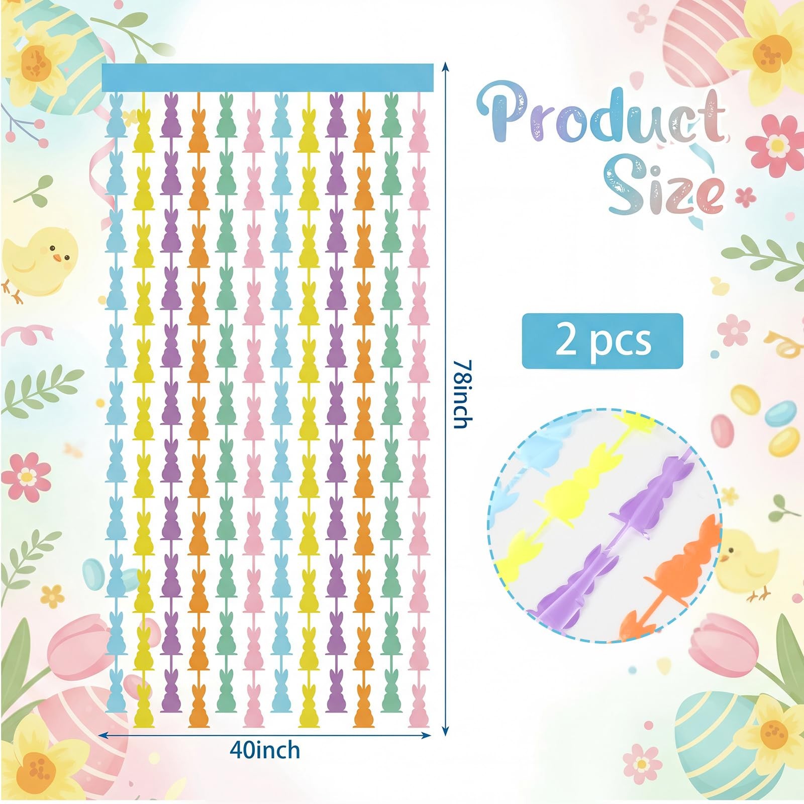 2 PCS Easter Foil Fringe Curtains 3.28 ft x 6.56 ft Bunny Tinsel Backdrop