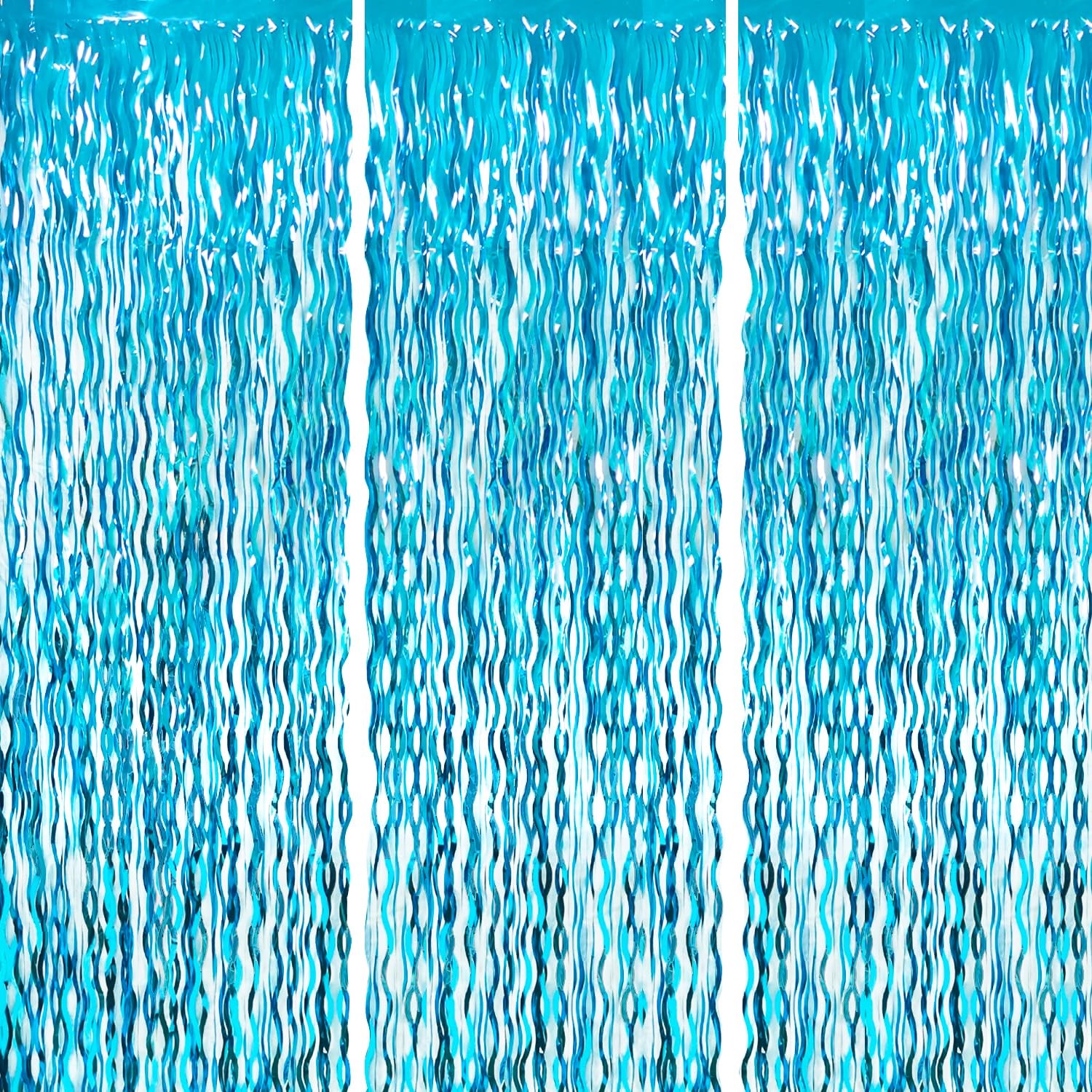 3 Pcs Wavy Light Blue Tinsel Foil Fringe Curtains, Party Photo Backdrop, Decor