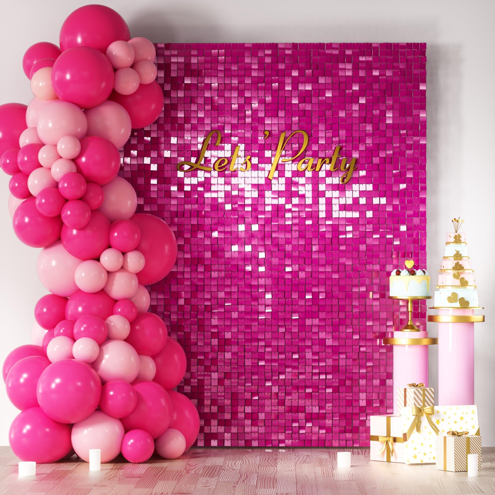 Hot Pink Shimmer Wall Backdrop, 24PCS Square Sequin Shimmer Backdrop Panel, P…