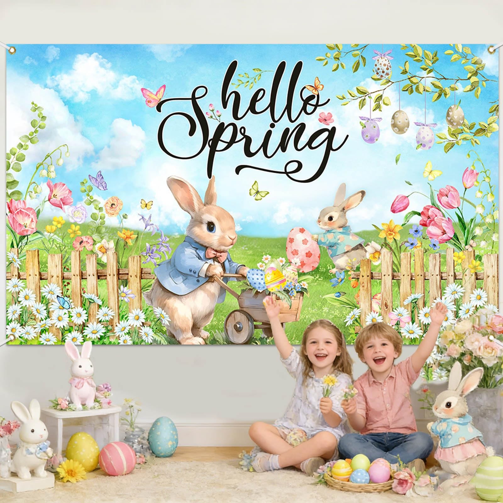 Mocsicka Hello Spring Backdrop Easter Party Banner 70.8×43.3 inch, Greenery