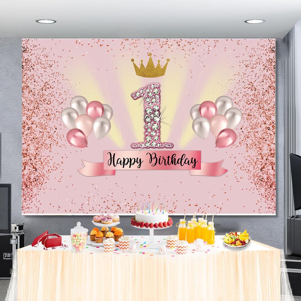 7x5ft Pink 1st Birthday Backdrop for Girls Princess 1 Year Old Birthday Party…
