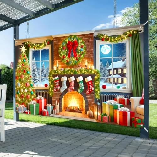 Christmas Fireplace Banner 71×43 Inch Indoor Holiday Decorations Tree – Tree