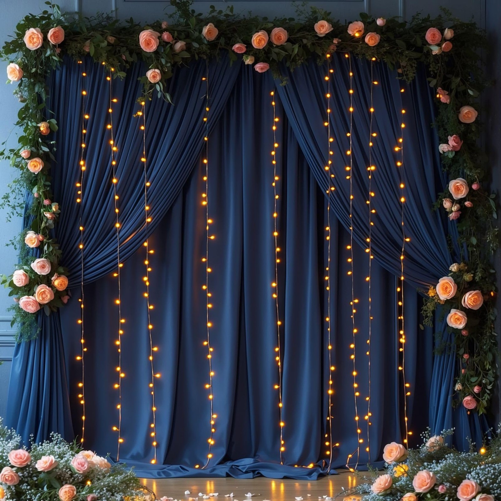 10x10FT Navy Blue Backdrop Curtains, Lights, 2 Panels 5x10ft, Wrinkle Free