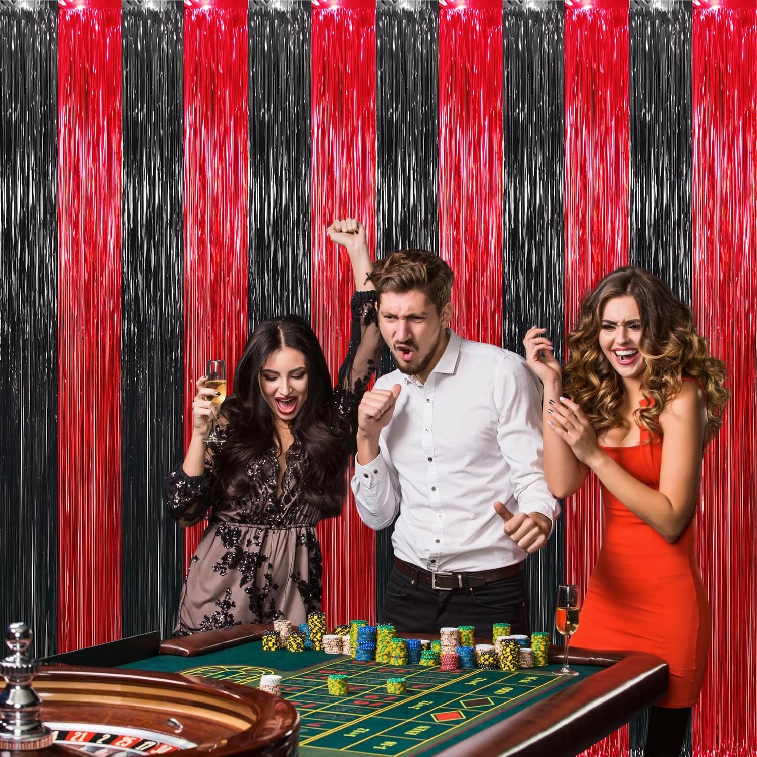 4 PCS 3.2×8.2 Feet Black Red Metallic Tinsel Foil Fringe Curtains Streamers