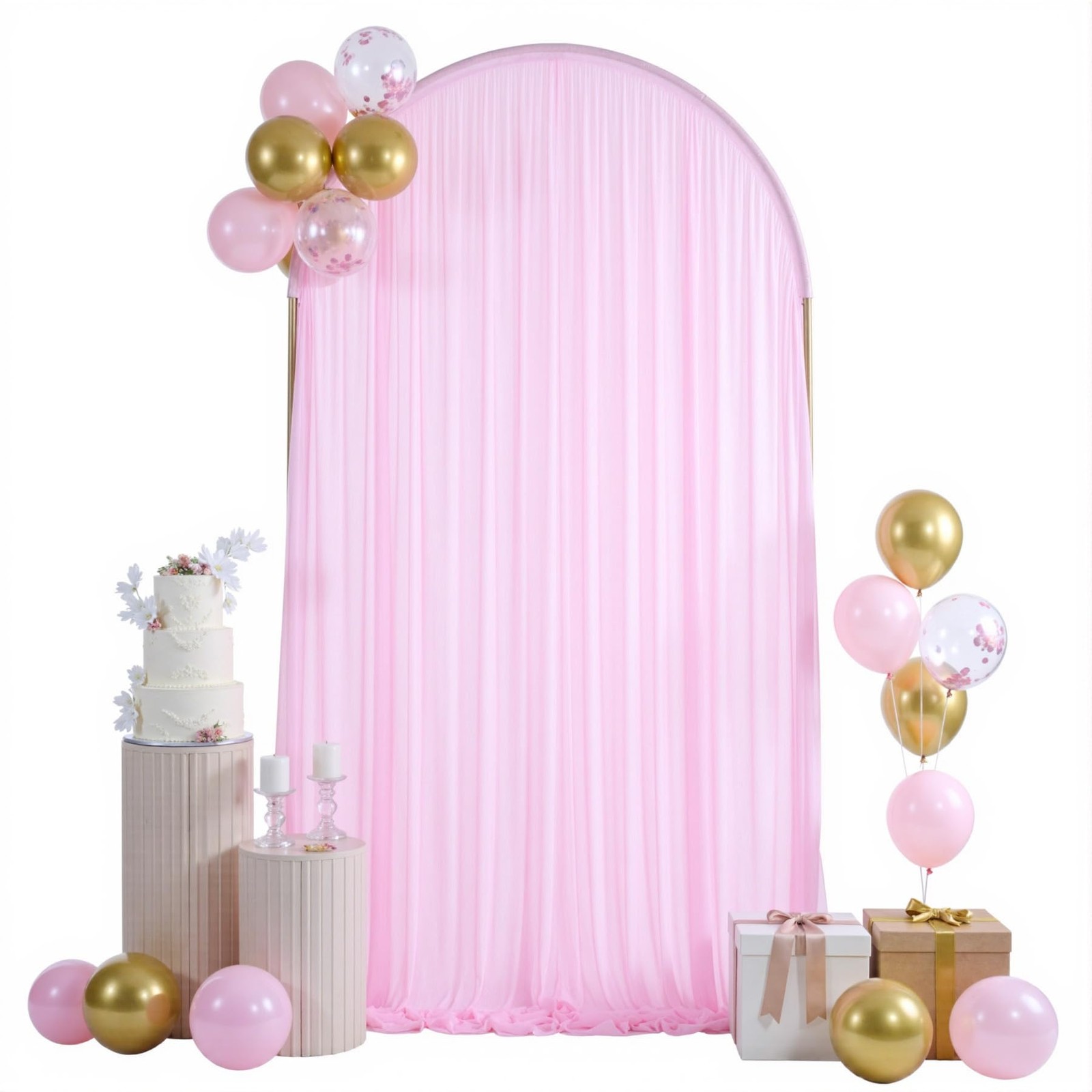 10x4ft Pink Tulle Wrinkle Free Double Arch Backdrop Cloth Sheer Curtains