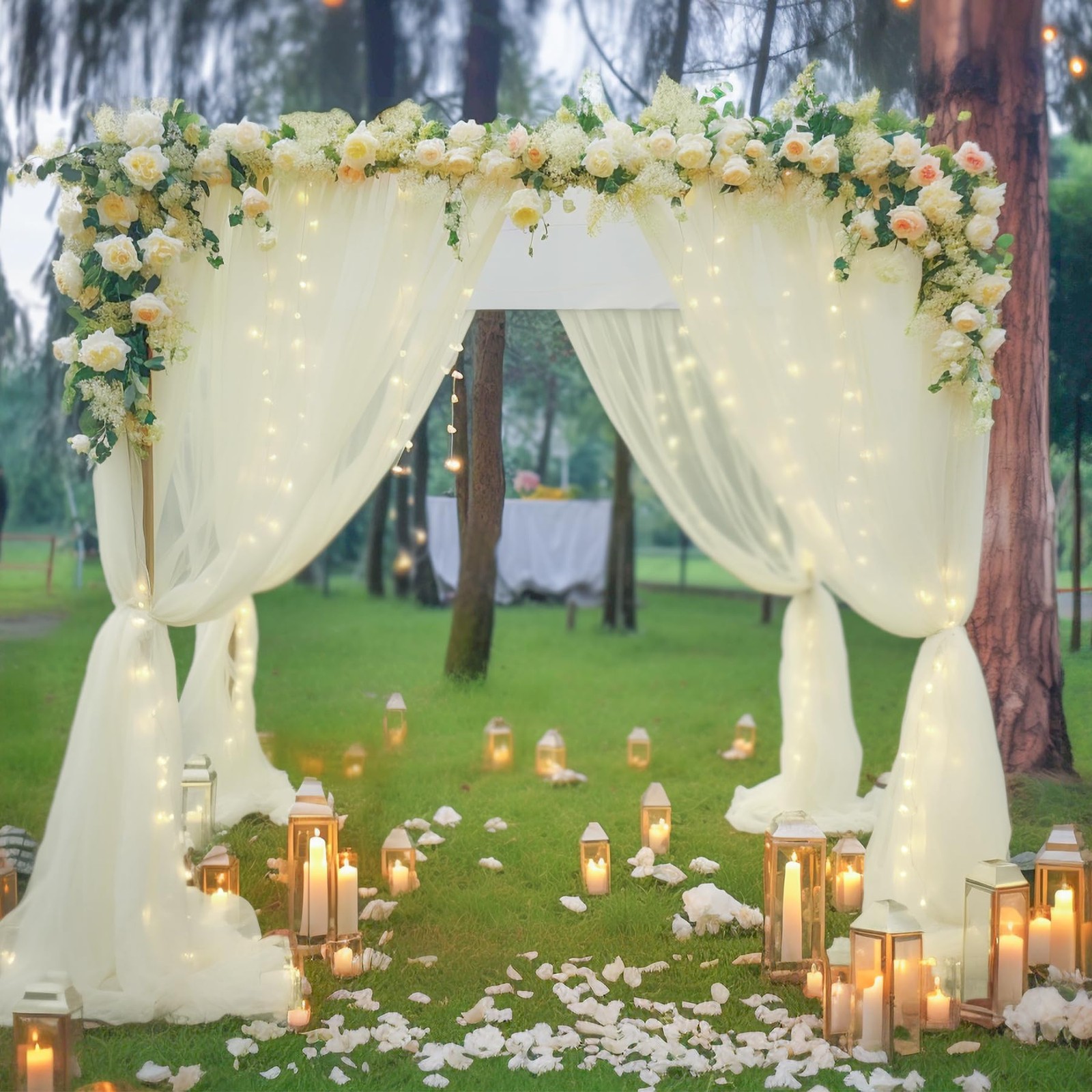 108ft Ivory Tulle Curtain Backdrop with Lights String Sheer Drapes Wedding