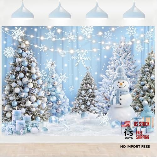 Blue Snowflake Backdrop for Winter Wonderland – 6x4ft Snowy Forest Trees