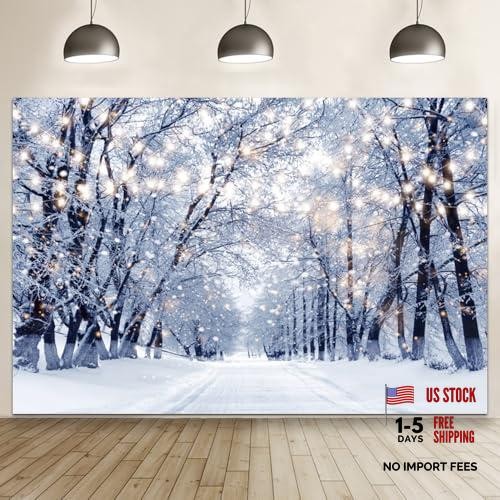 Winter Backdrop Wonderland White Snowy Forest Glitter Trees for 7x5ft