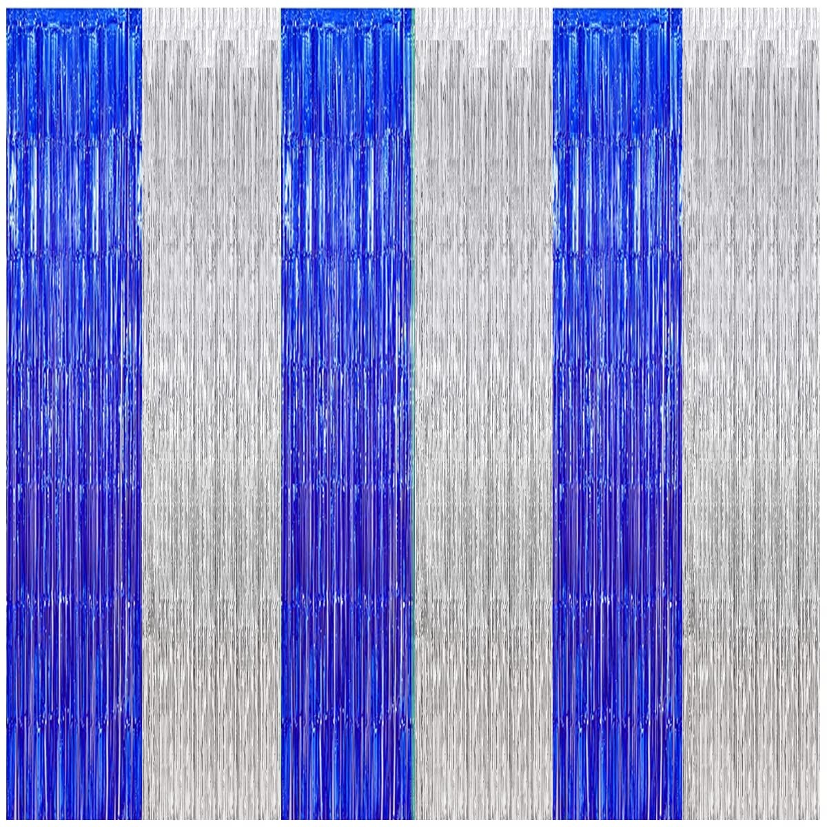 Graduation Backdrop Curtain 2025 Blue Silver Tinsel Foil Fringe Decor 3 Pack