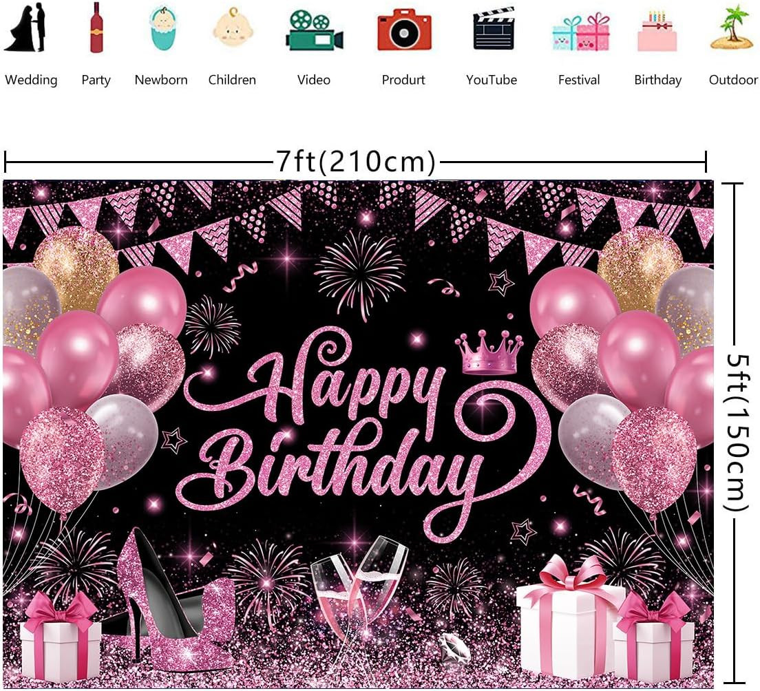 7X5Ft Pink and Black Happy Birthday Backdrop Women Birthday Party Photography