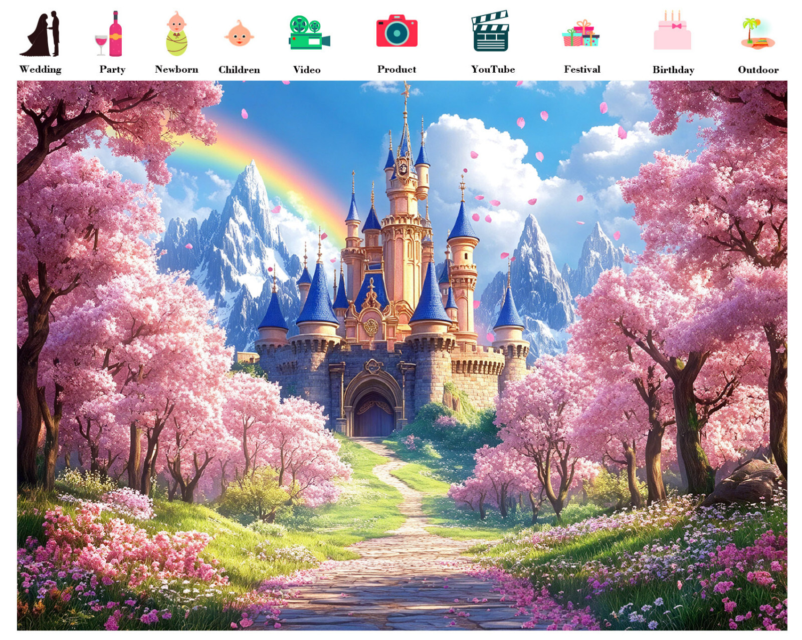 10x8ft Cloud Rainbow Fairy Tale Princess Castle Vinyl Backdrop Photo Background