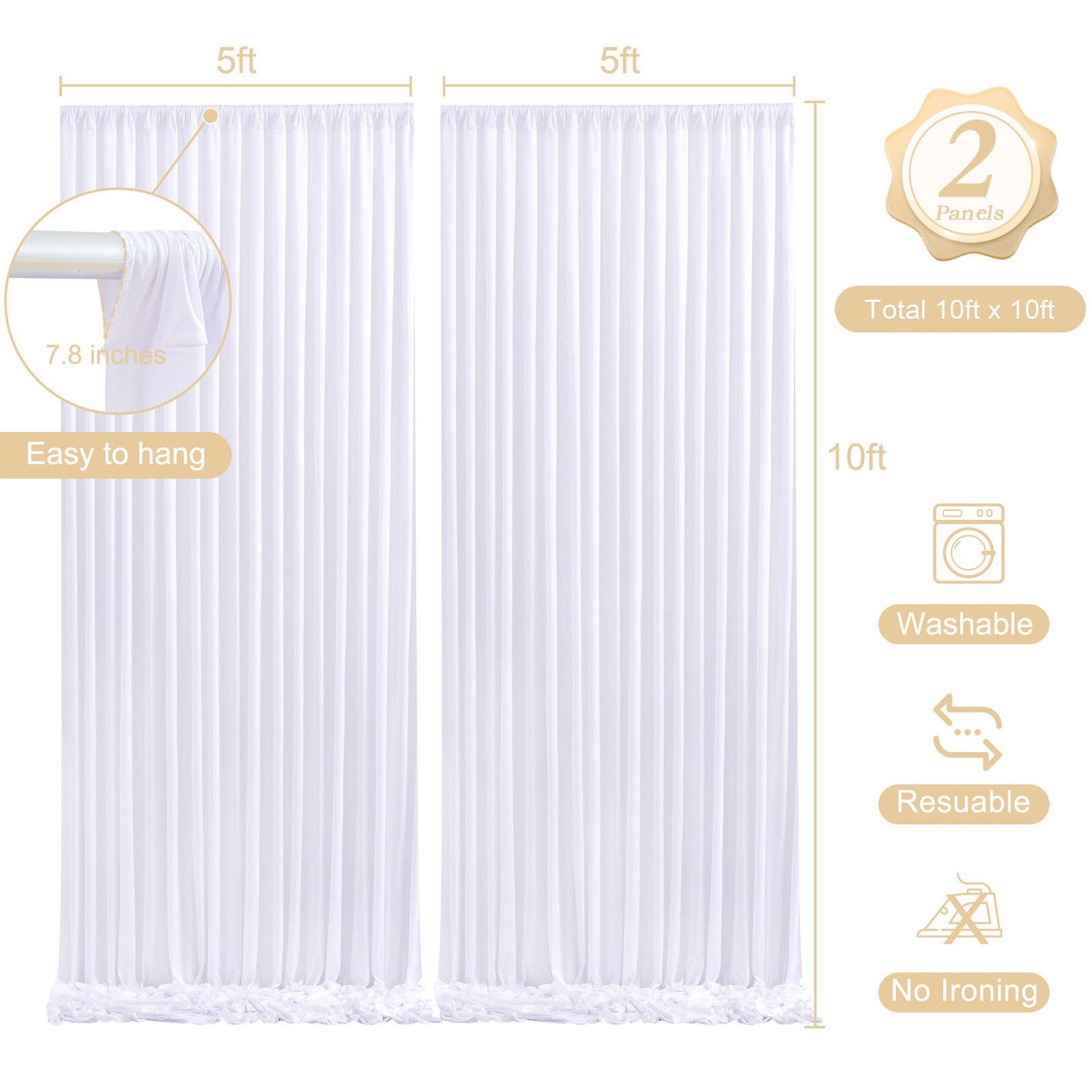 2 Panels 5 x 10 Ft White Backdrop Curtains Lights String Polyester Wrinkle Free