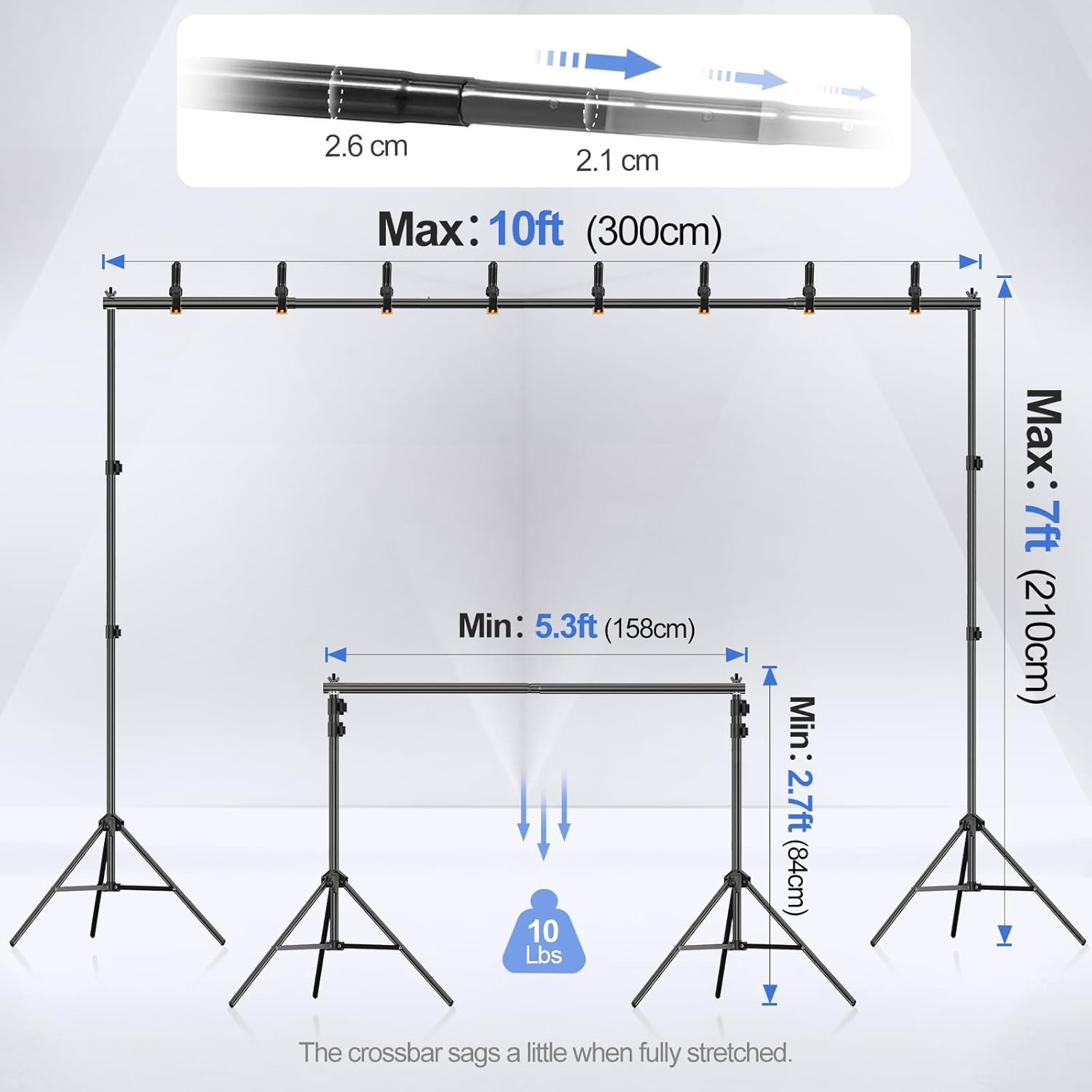 Backdrop Stand 10X7Ft(Wxh) Photo Studio Adjustable Background Stand Support Kit