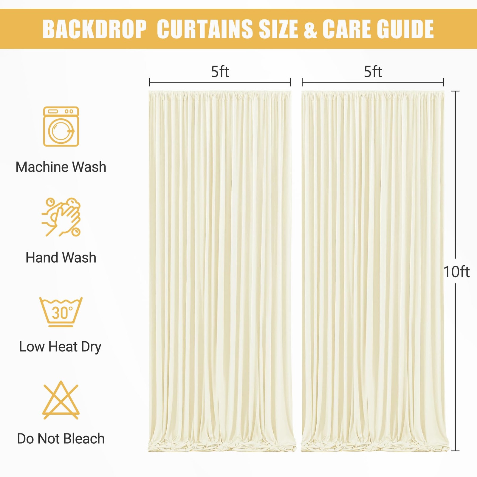 2 Panels Ivory Backdrop Curtains, 10x10ft, String Lights, Wrinkle Free Drapes