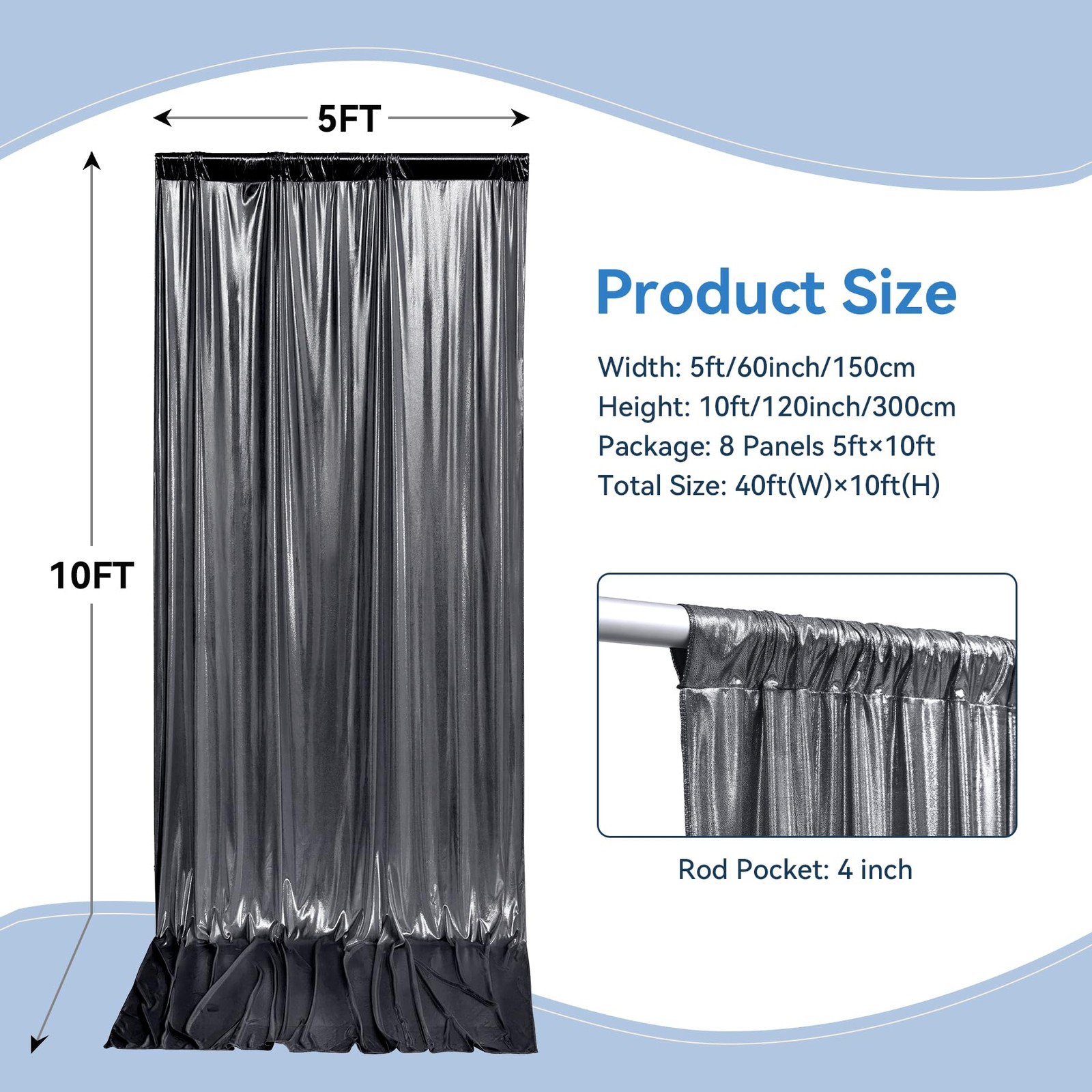 40×10 ft Wrinkle Free Black Silver 5ft(W)x10ft(H)_8 Panels,