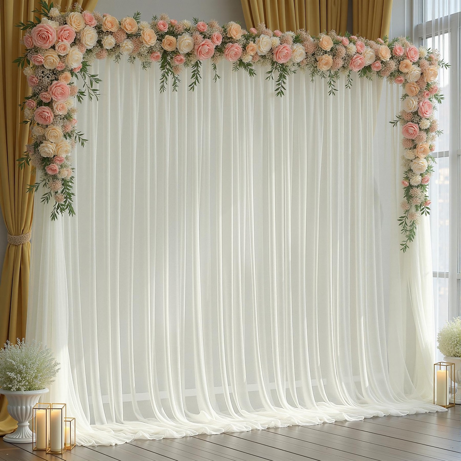 10×10 FT Ivory Sheer Tulle Backdrop Curtains Wedding Photo Drapes 2 PCS
