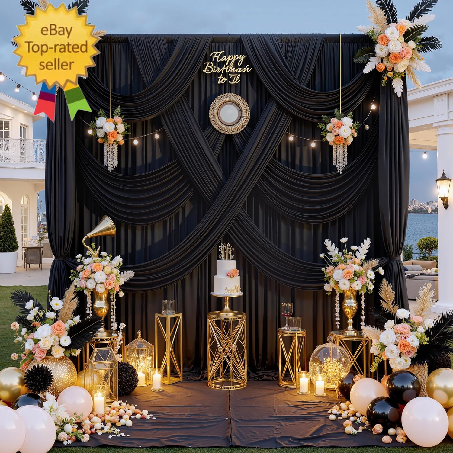 40 Ft X 10 Ft Wrinkle Free Black Backdrop Curtain for Parties, 8 Panels 10Ft Pol