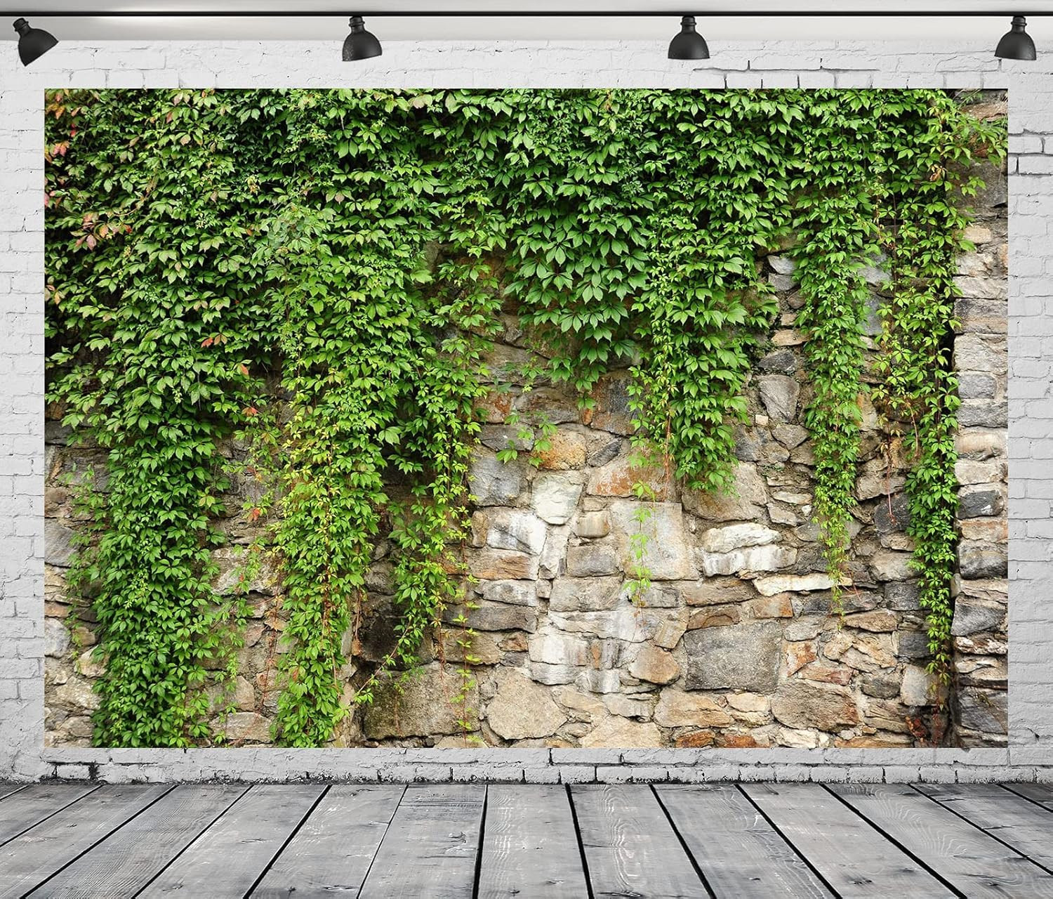 Green Leaves & Stone Wall Backdrop for Weddings, Birthdays, and Studio Photos