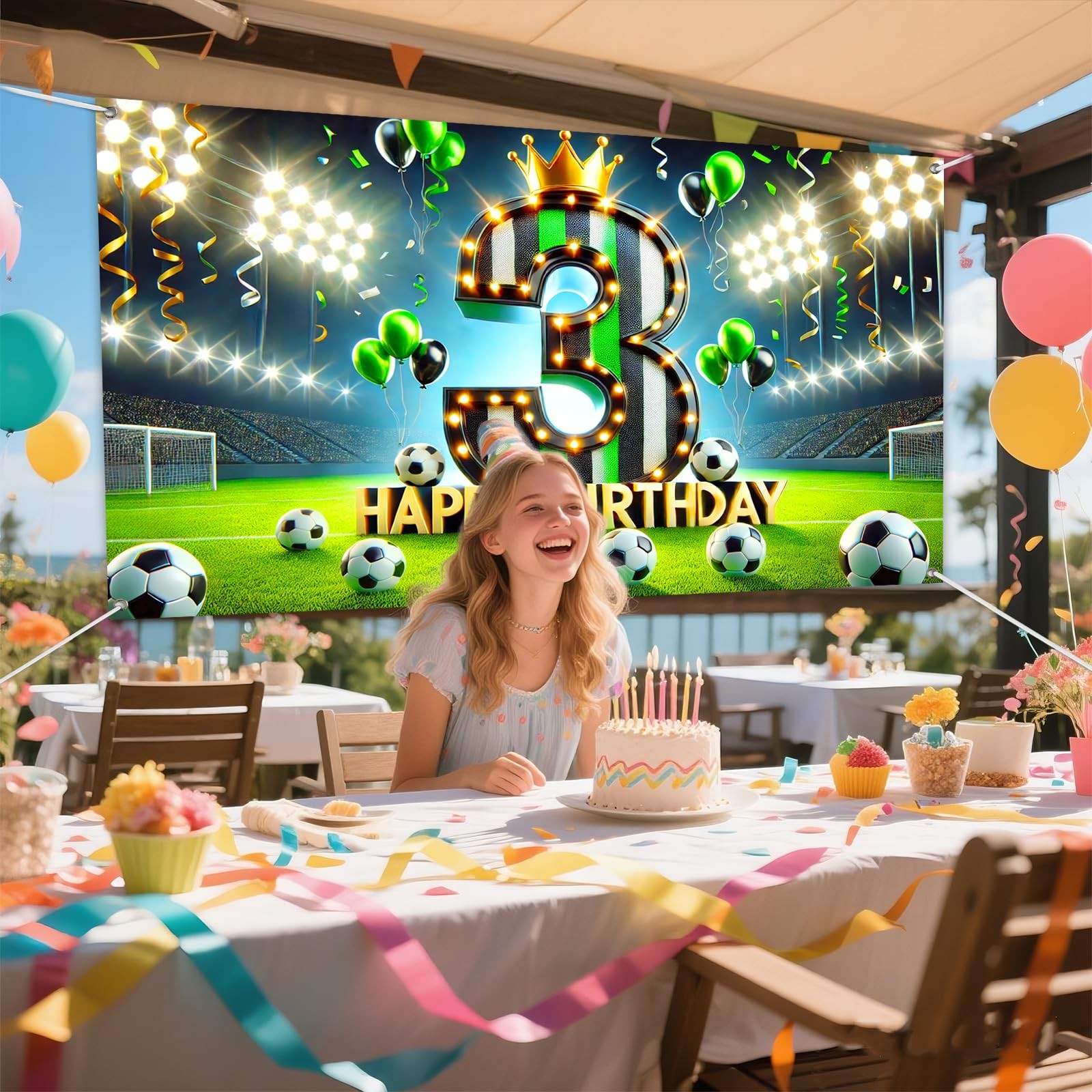 Soccer 3rd Birthday Backdrop Banner 71×43 Inch Black Green White Crown Stadiu…