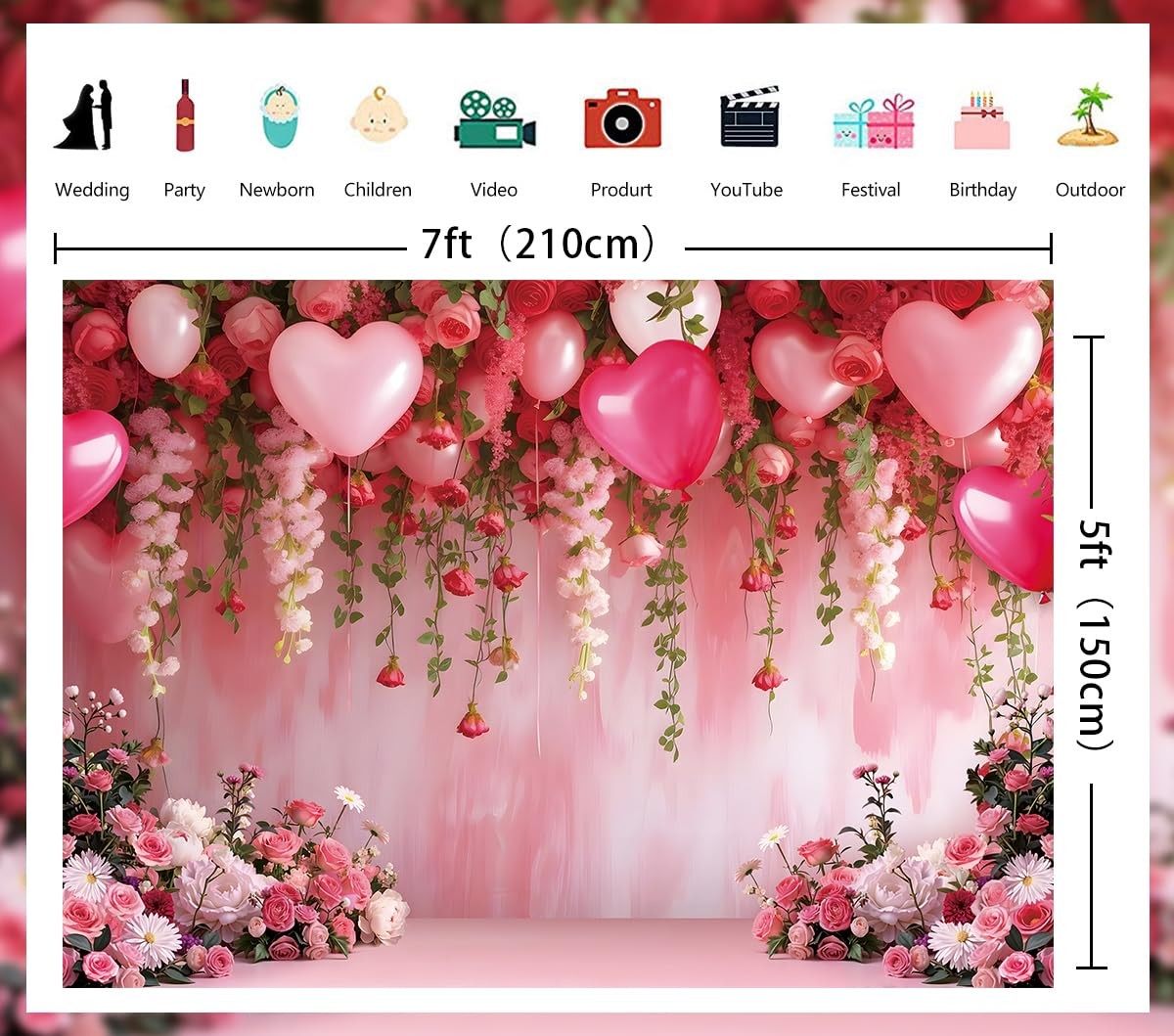 Flowers Wall Backdrop Pink Flowers Love Heart Balloons Romantic Photography B…