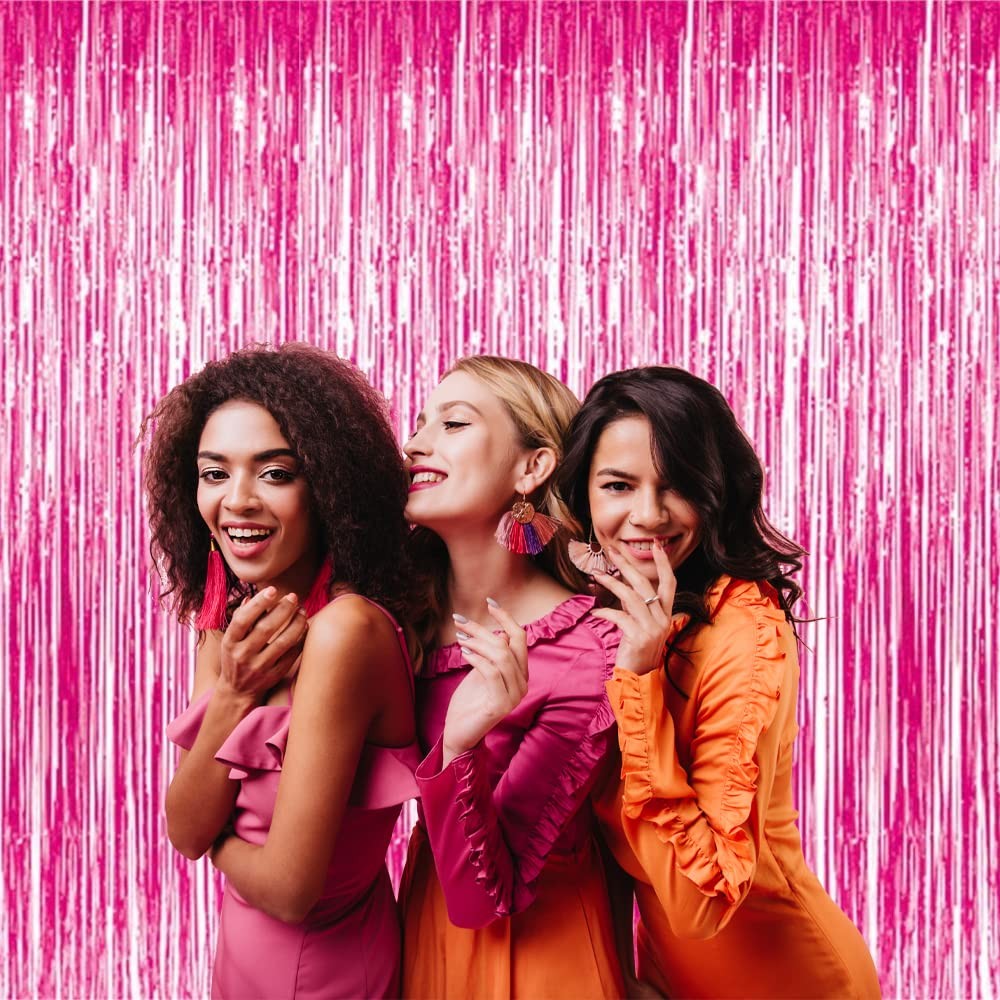 Hot Pink Tinsel Foil Fringe Curtains 2 PCS Streamer Backdrop 6.4×8.2 FT Decor