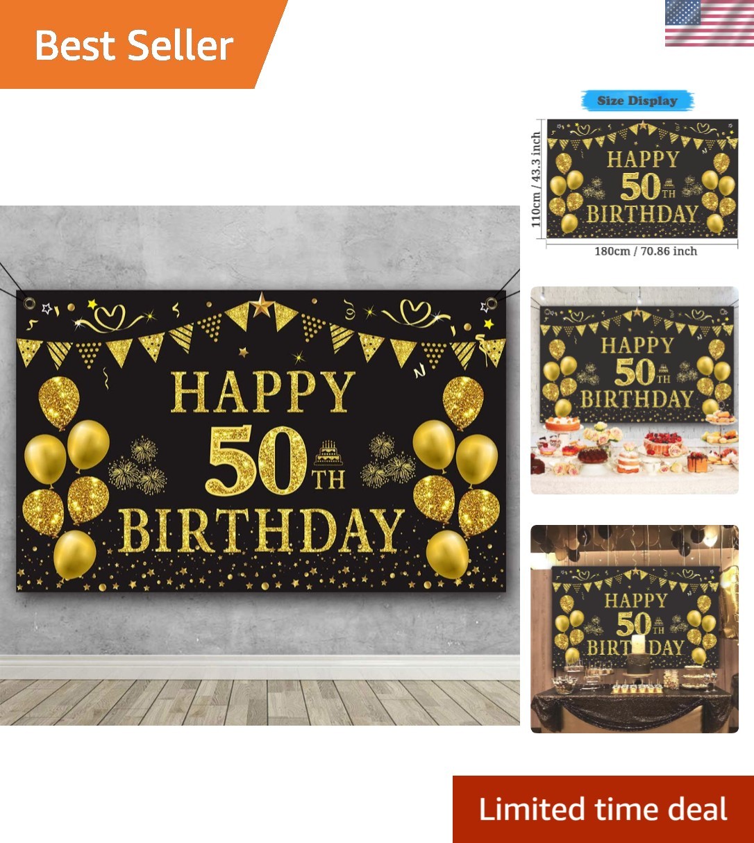 Elegant Gold & Black 50th Birthday Banner – 5.9ft x 3.6ft Photography Backdrop