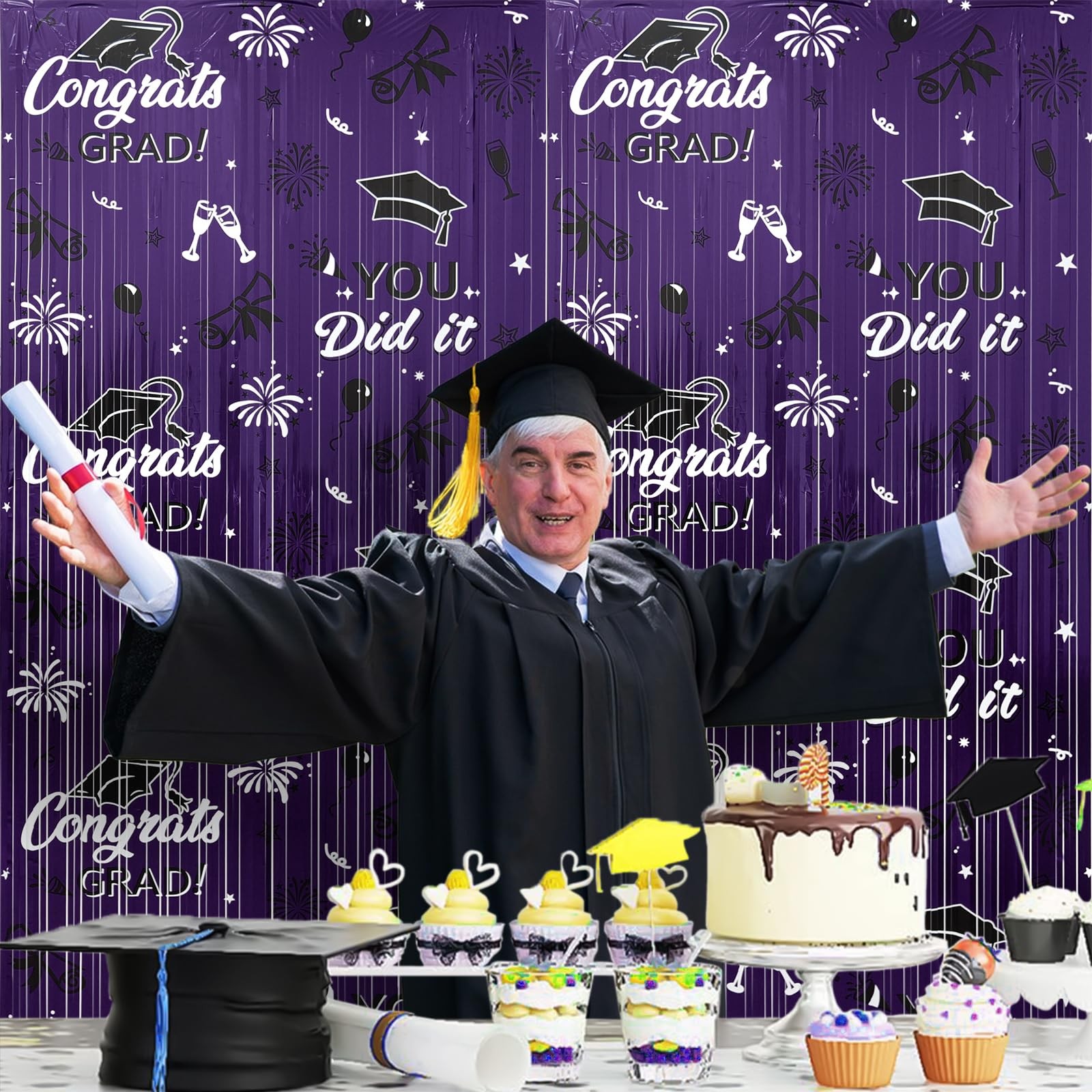 2025 Graduation Foil Fringe Curtains, 2 Pack 3.2×6.5 ft Black Graduation Purple