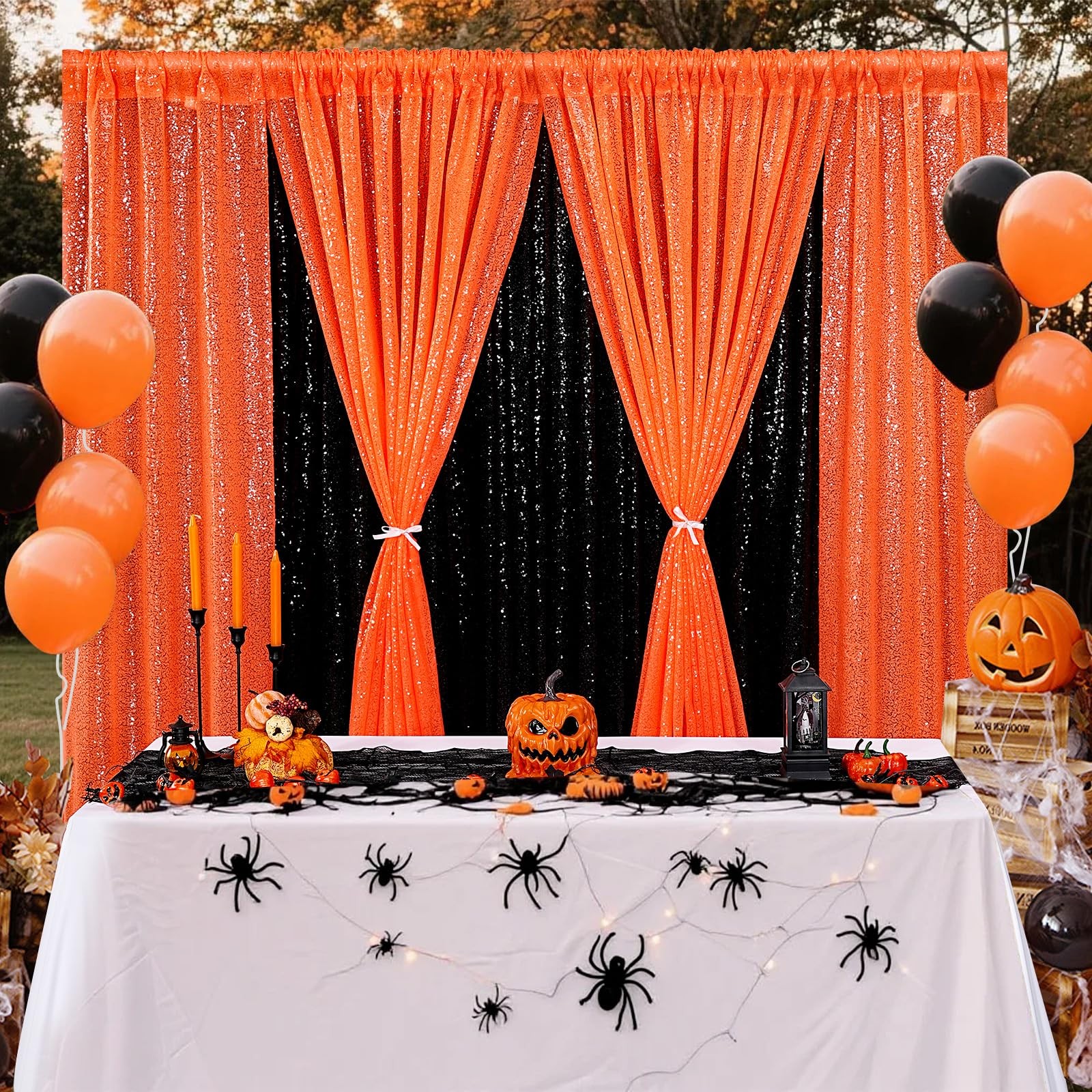 Orange Glitter Shimmer Sequin Halloween Party Photo Backdrop 2×8 Ft 4 PCS