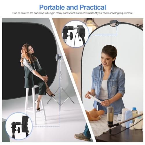 5×6.6ft Black/White 2-in-1 Photography Backdrop, Collapsible with Carry Case & H