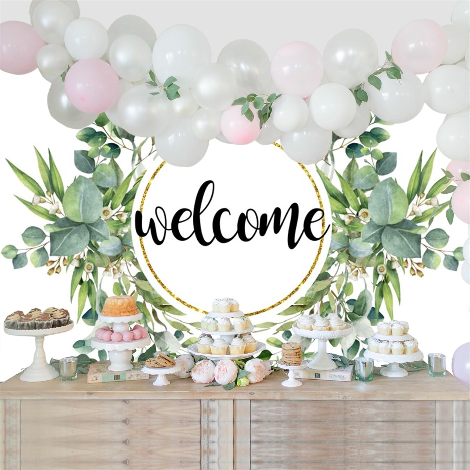 7x5ft Elegant Floral Welcome Backdrop Watercolor Green Leaves Home Party Decor