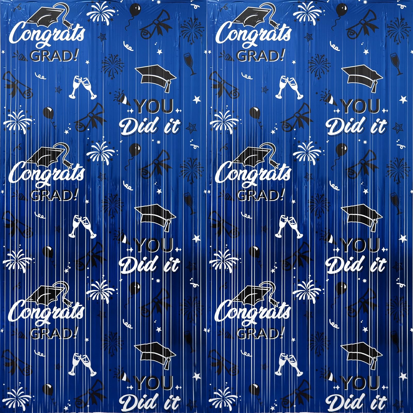 2025 Graduation Foil Fringe Curtains 2 Pack 3.2×6.5 ft Blue Black Graduation …