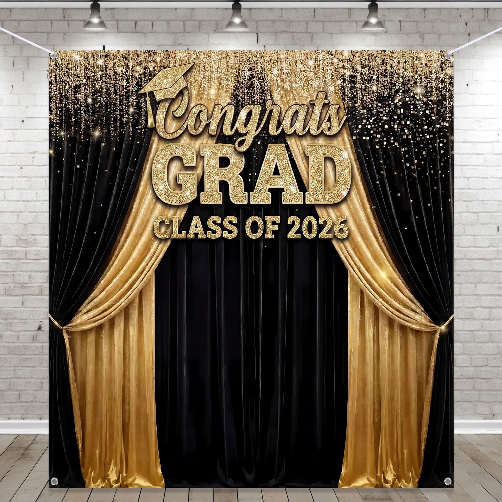 Large Class of 2026 Graduation Backdrop 5.9 x 6.6 ft Black Gold Congrats Grad…