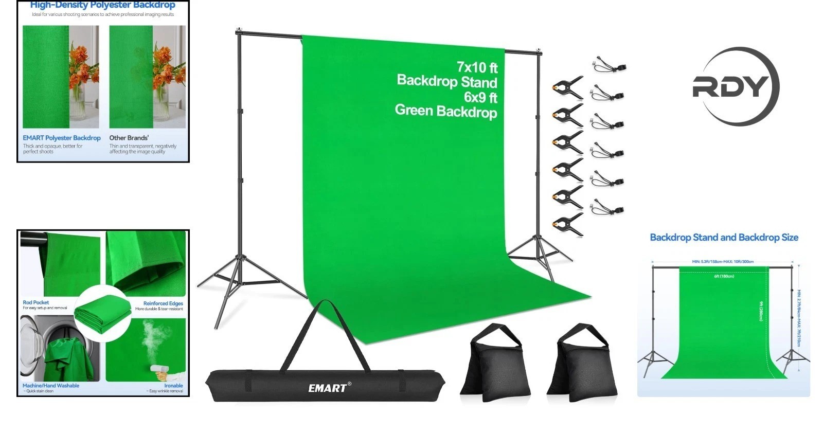 Portable 7x10ft Green Screen Backdrop with Clamp & Carry Bag for Easy Transport