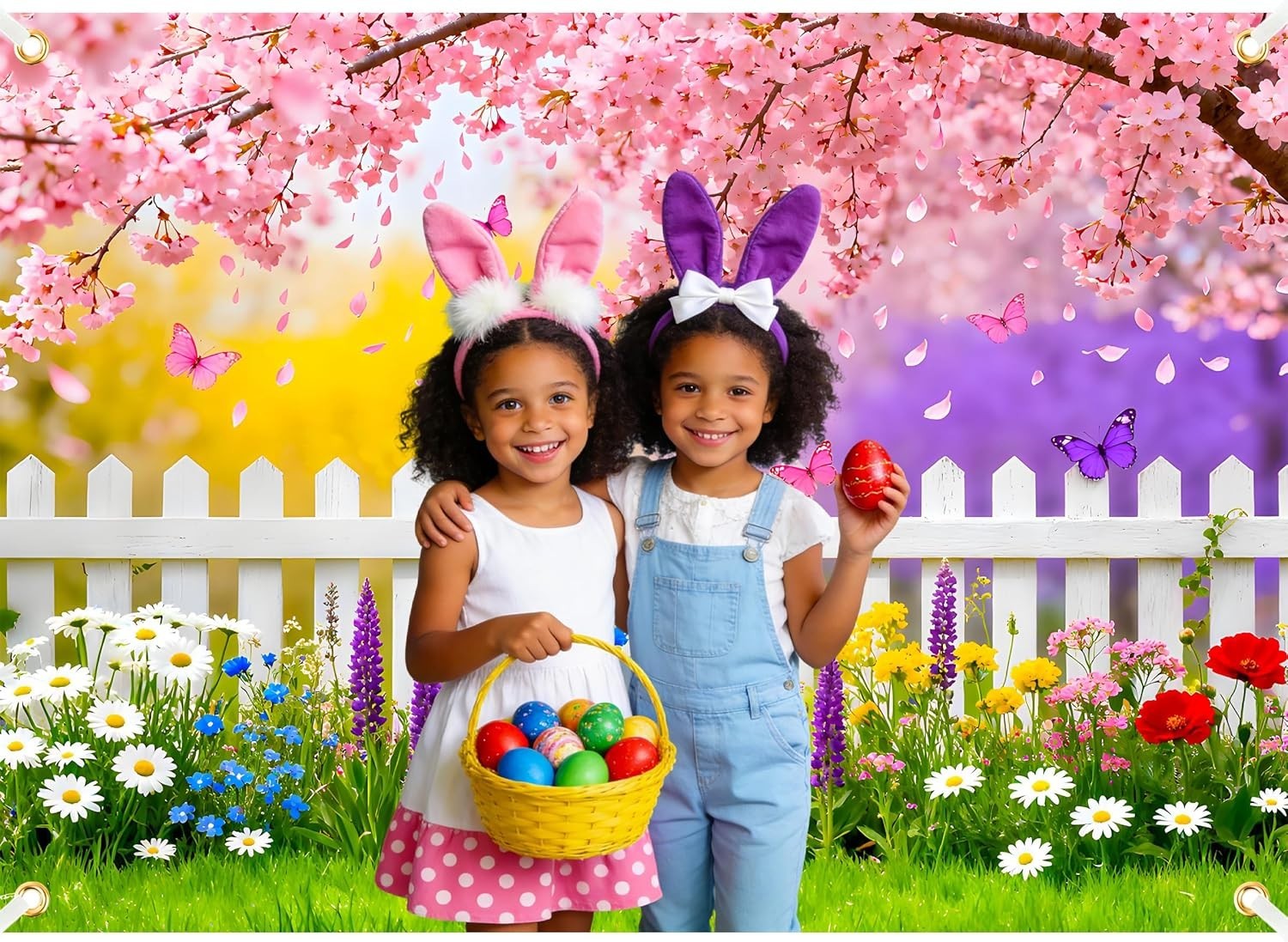 Spring Easter Backdrop 7X5Ft Pink Flowers Garden Backdrop Polyester Easter Backd