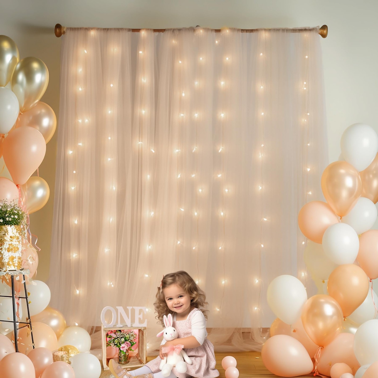 10x10ft Champagne Tulle Backdrop Curtain with Lights String for Parites, Shee…