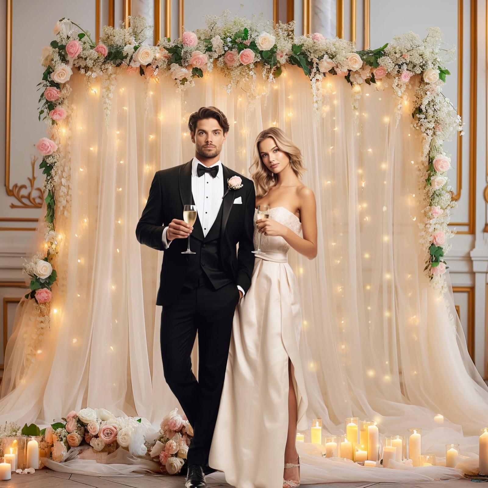 10x10ft Champagne Tulle Backdrop Curtain with Lights String for Parites, Shee…