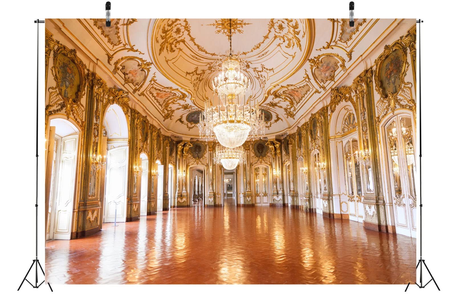 Luxurious 10x8ft Palace Backdrop for Photography – Golden Chandelier Hall Decor,