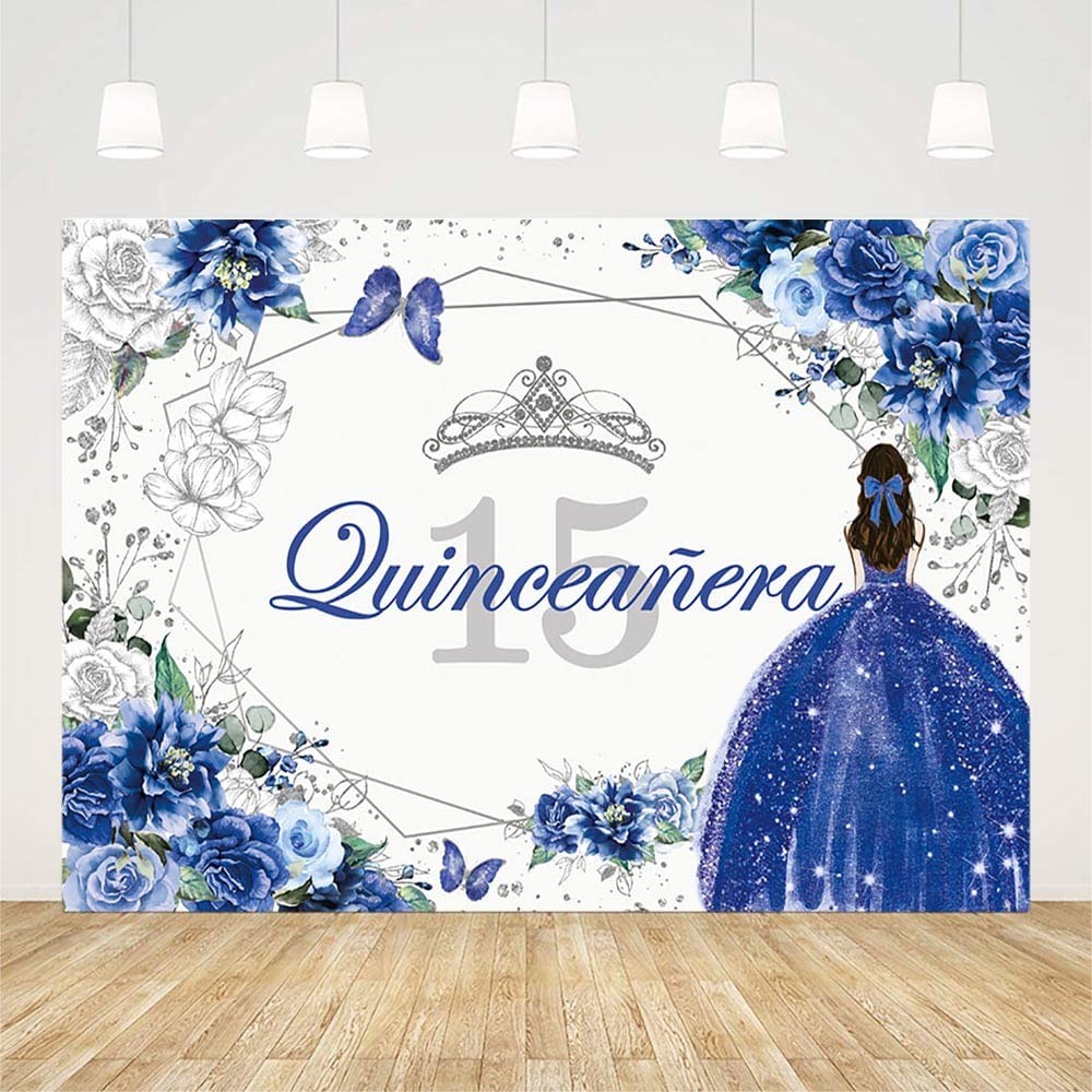 Sendy 7x5ft Quinceanera 15th Birthday Backdrop for Sweet 7x5ft, Blue,Silver